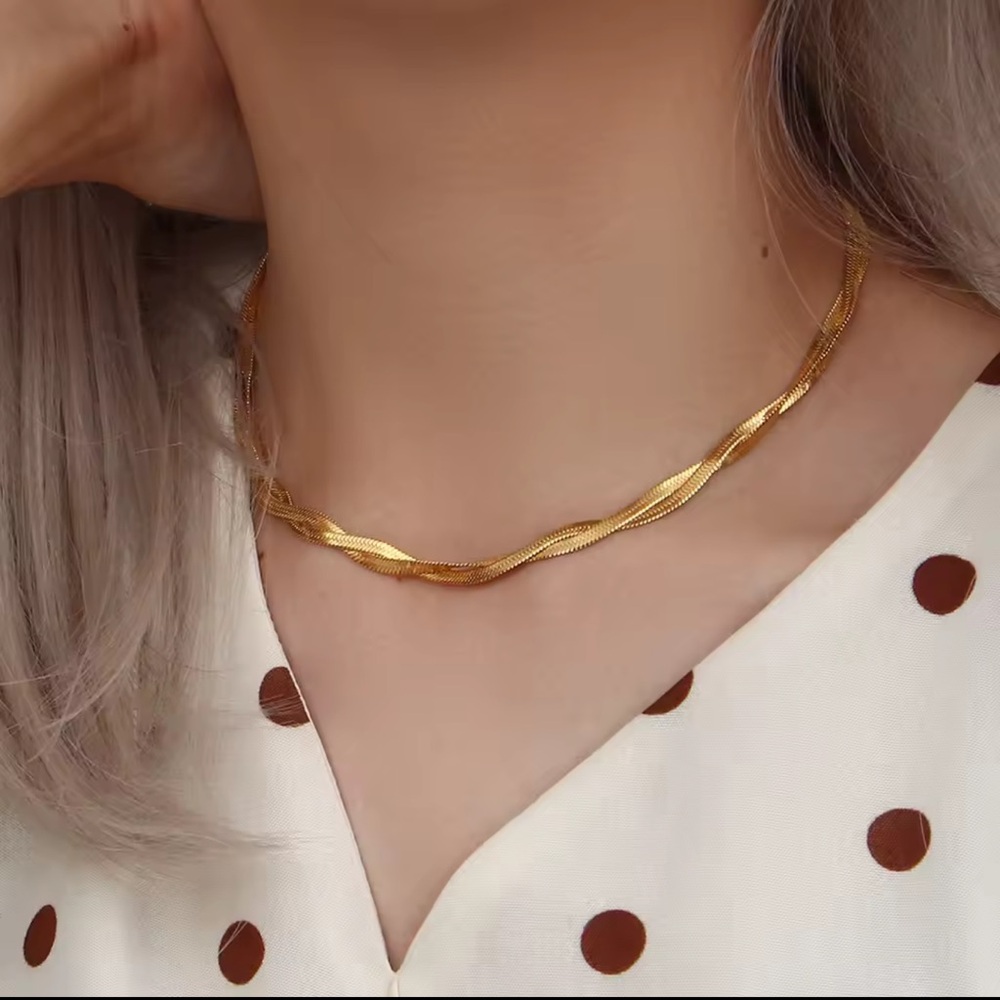 Braided New Herringbone Necklace Bracelet
 Gold 18K plated Set Stainless Steel - Picture 4 of 15